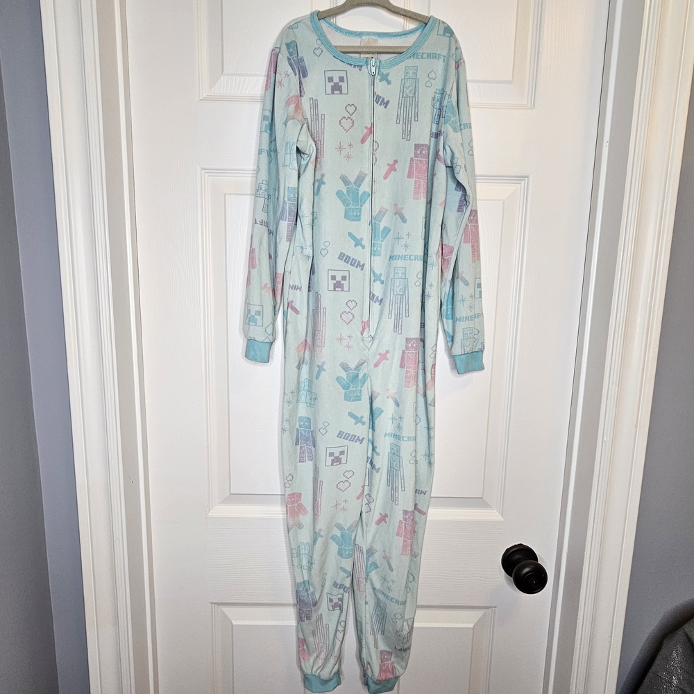 Minecraft Girls Velour Onesie Pajamas Size M Teal Blue Pink Cozy